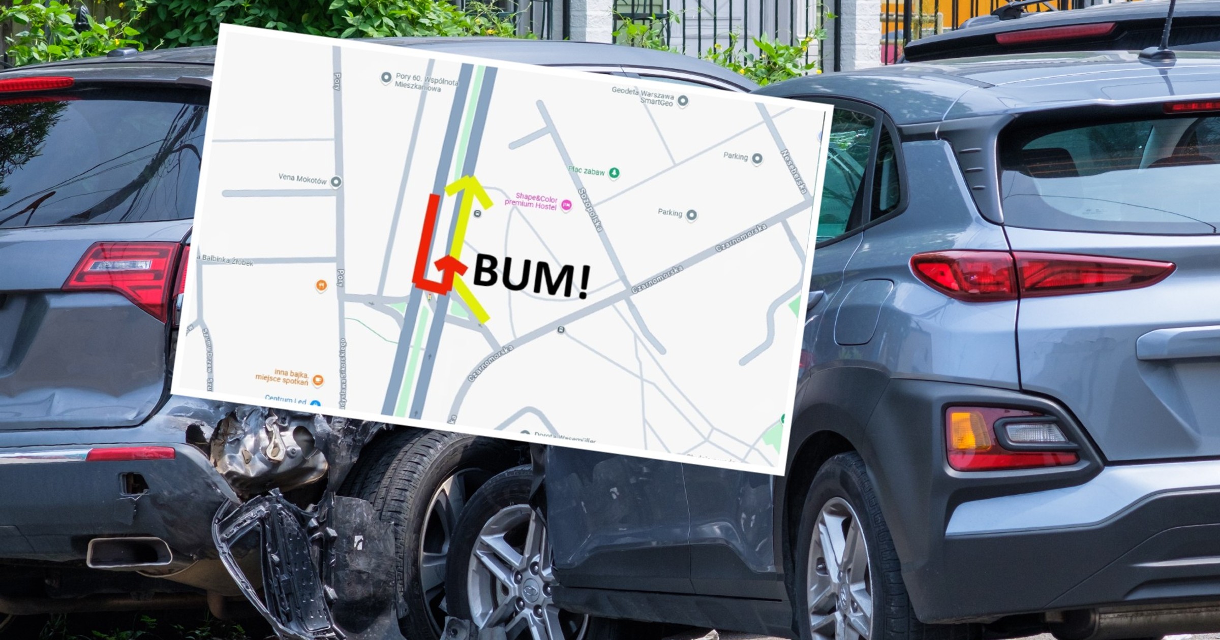Stłuczka (zdj. ilustracyjne). Zrzut ekranu z Google Maps z ilustracją zdarzenia