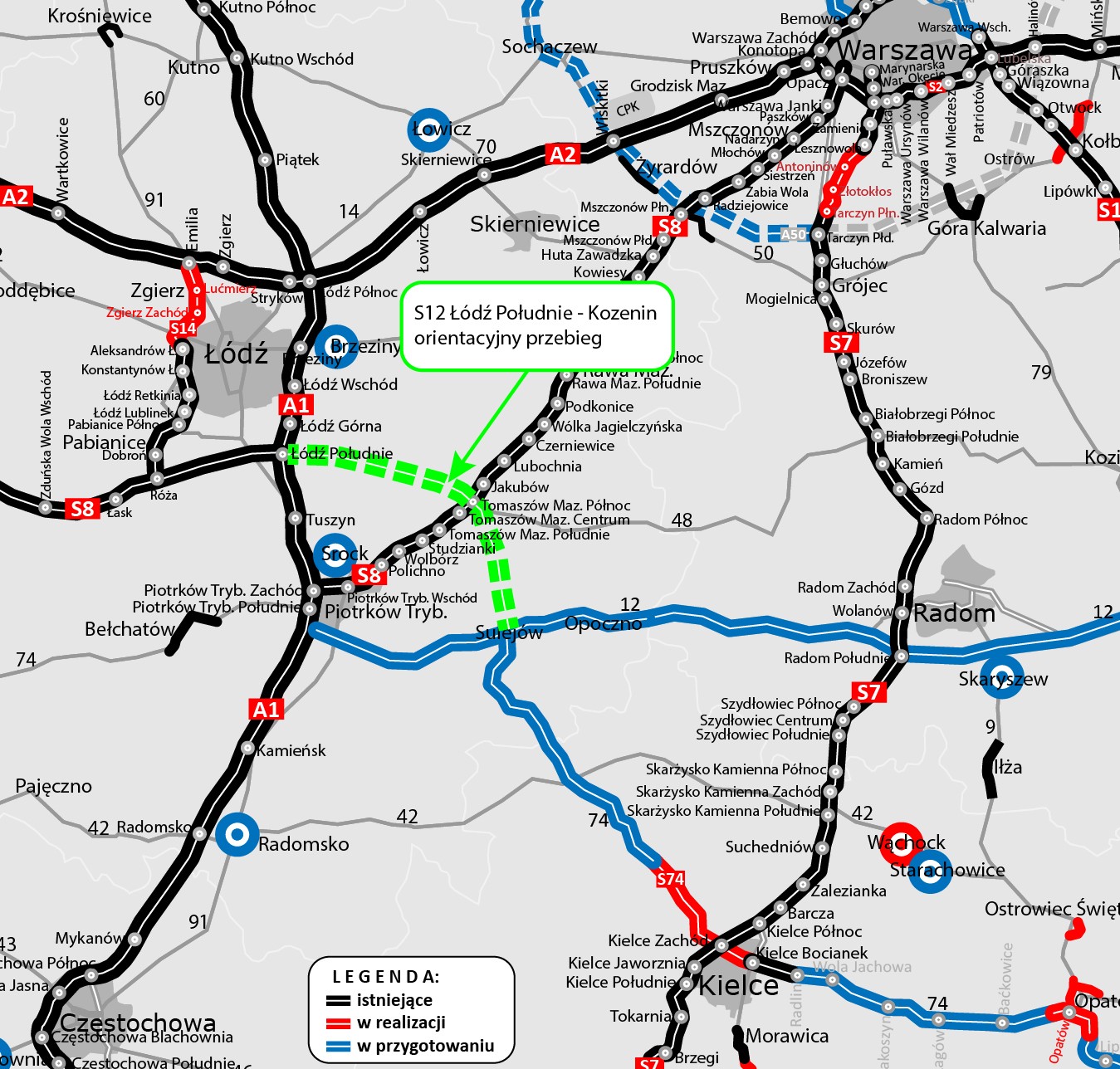 Mapa przedstawiająca orientacyjny przebieg bezpośredniego połączenia S8 od węzła Łódź Południe na skrzyżowaniu z autostradą A1 z S8 w okolicy Tomaszowa Mazowieckiego