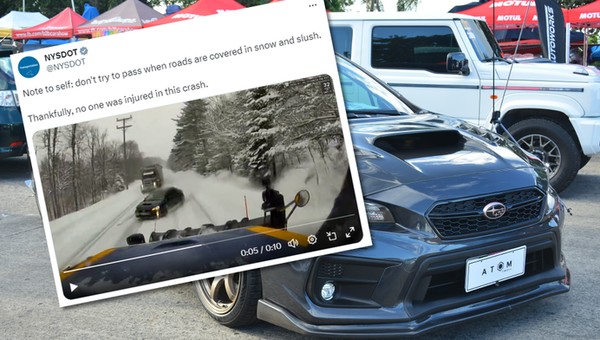 Wyprzedzał "bez głowy". Pług przeciął jego Subaru na pół
