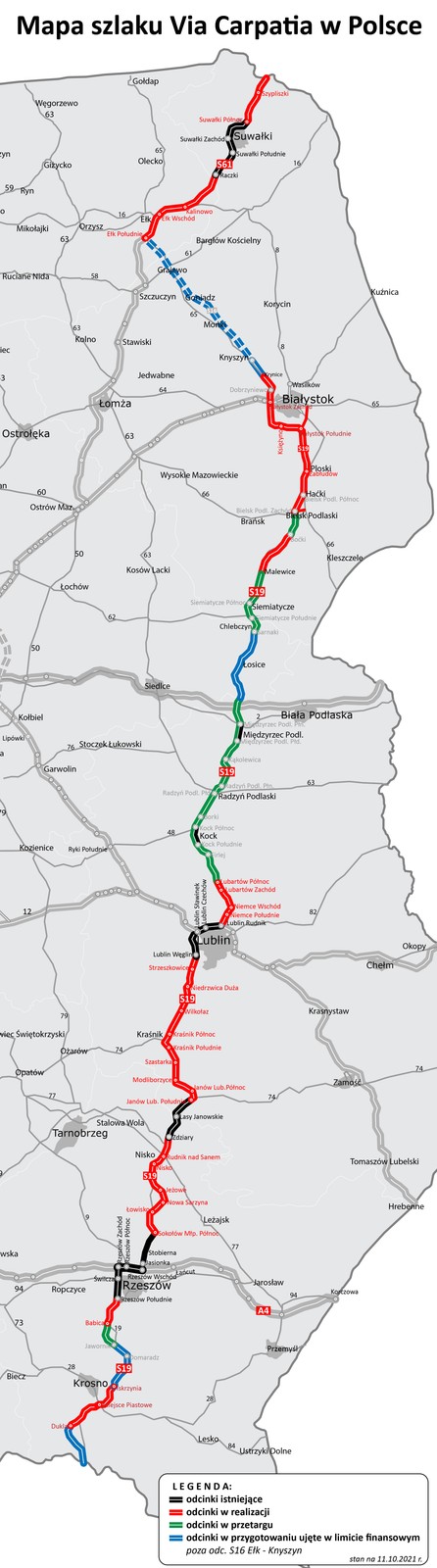 Plan międzynarodowej trasy Via Carpatia na terenie Polski