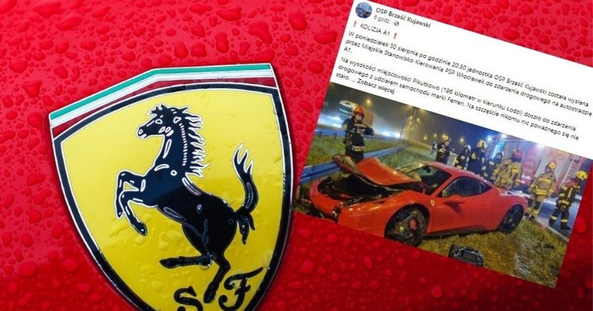 Nadmierna prędkość była przyczyną wypadku Ferrari pod Włocławkiem (fot. Facebook.com/OSP-Brześć-Kujawski)