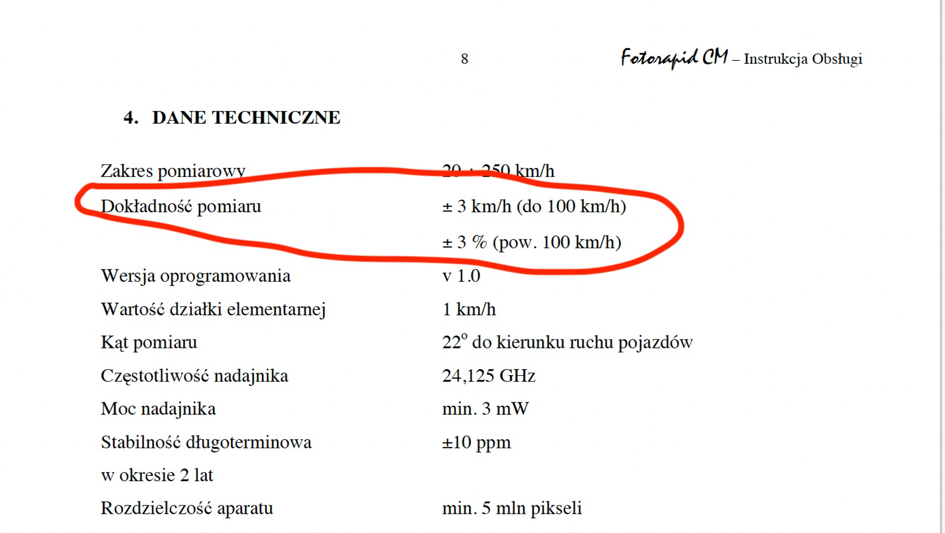 Fragment instrukcji obsługi fotoradaru Fotorapid CM