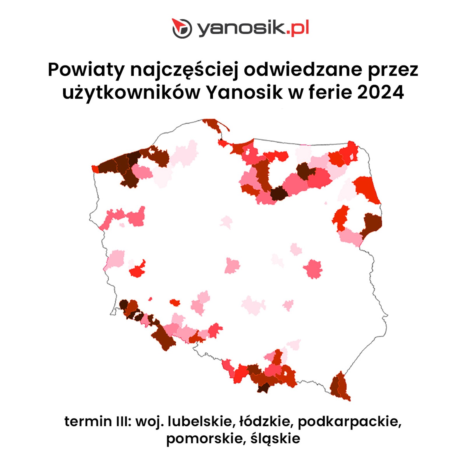 Powiaty najczęściej odwiedzane przez użytkowników Yanosika w ferie zimowe 2024 - 3 turnus