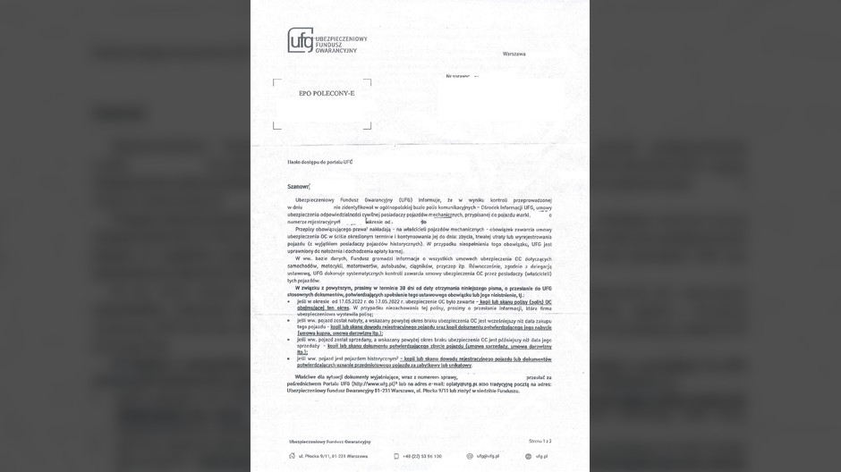 Tak wygląda wzór pisma, w którym UFG prosi o wyjaśnienie wątpliwości związanych z obowiązkowym ubezpieczeniem OC
