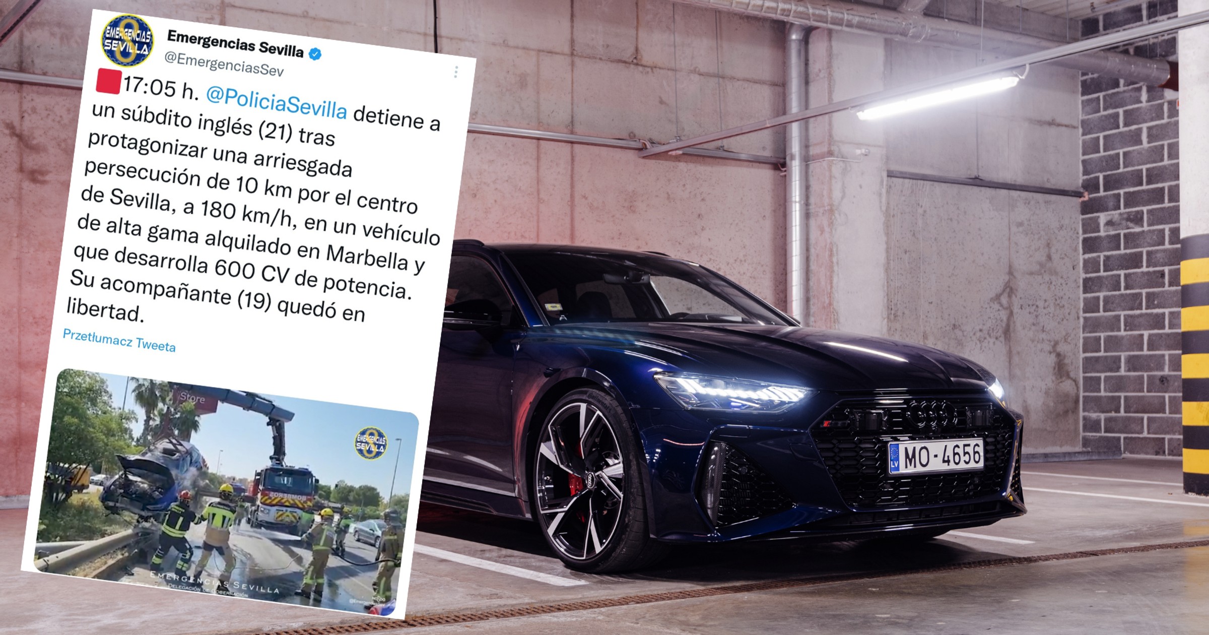 Audi RS6 rozbite podczas nielegalnego wyścigu (fot. EmergenciasSev/Twitter)