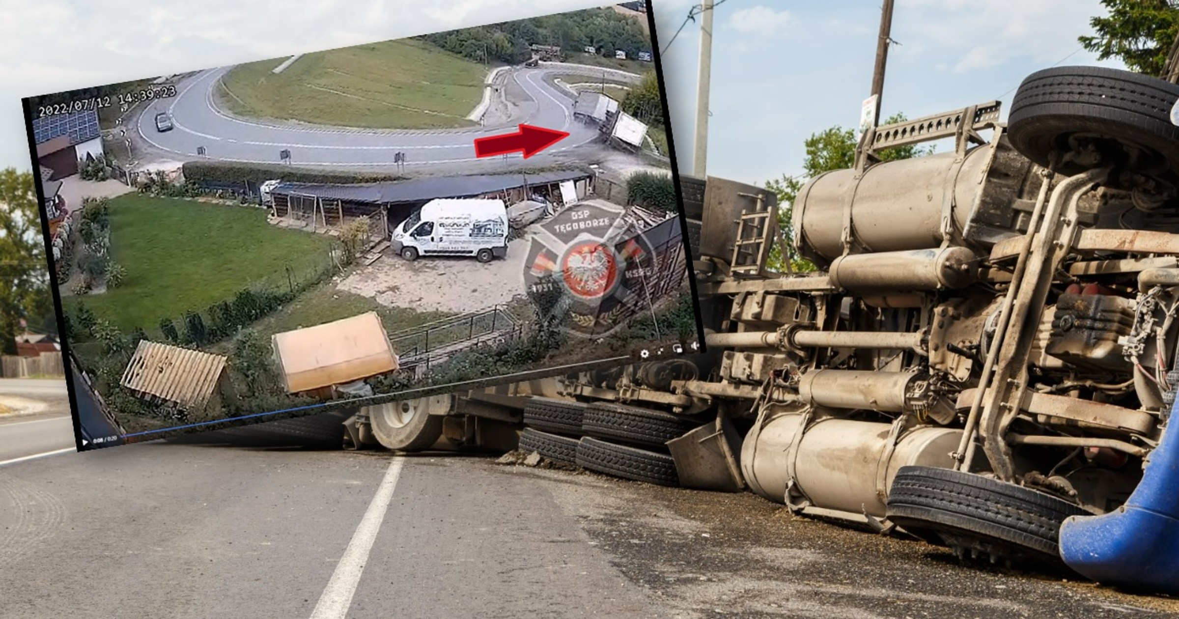 Ciężarówka z materiałami budowlanymi wywróciła się na zakręcie