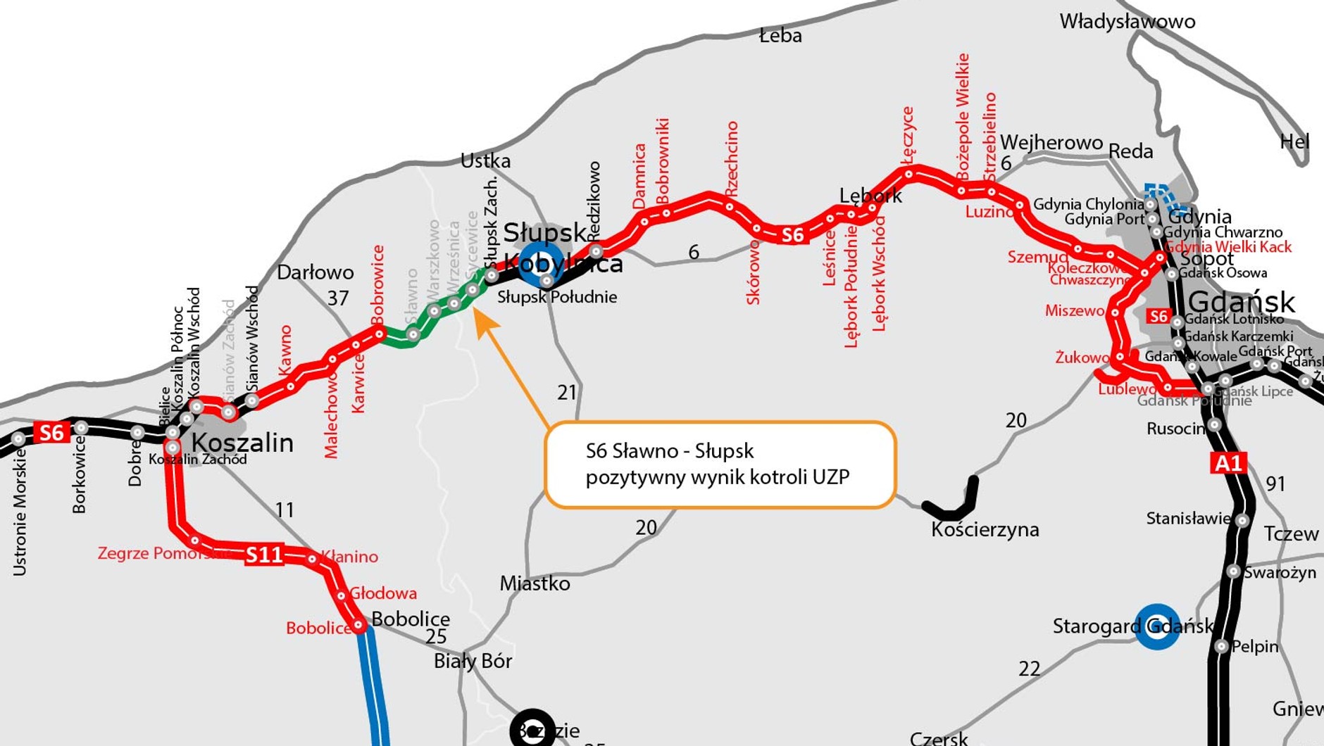 Mapka S6 Sławno — Słupsk
