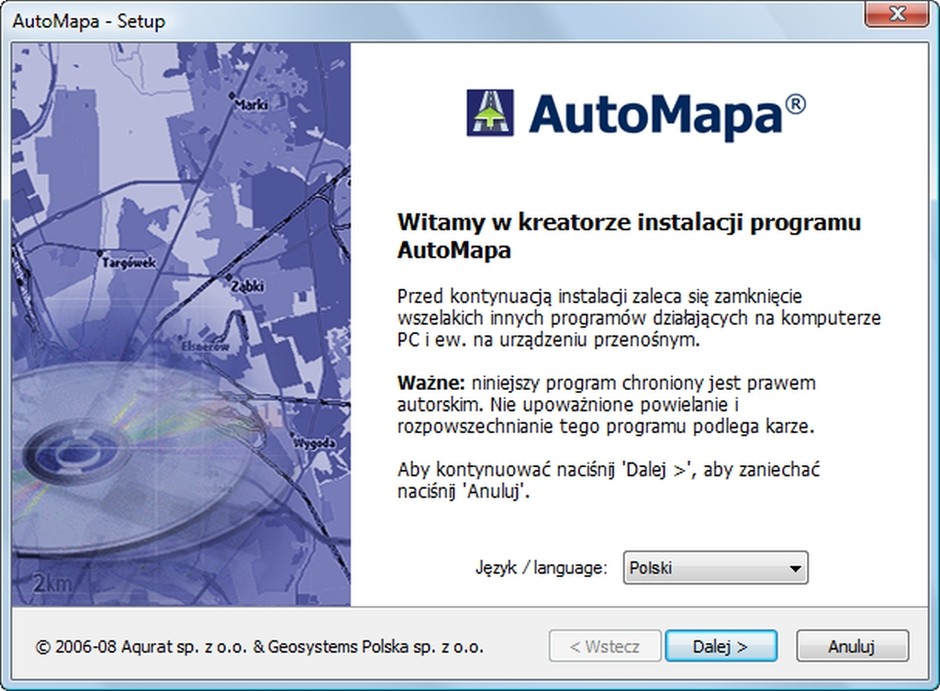Menu programu do aktualizacji AutoMapy dla systemu Windows (CE, Mobile a także wersji na komputer PC).