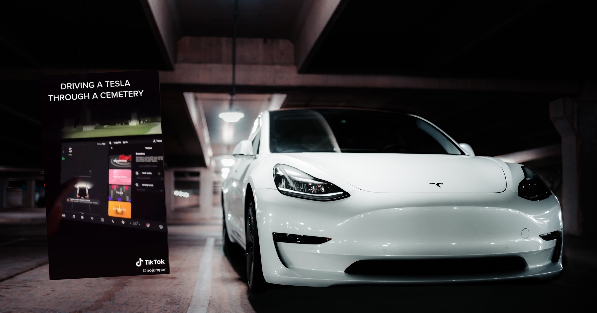 Tesla rejestrowała pieszych na pustym cmentarzu (fot. nojumper/TikTok)