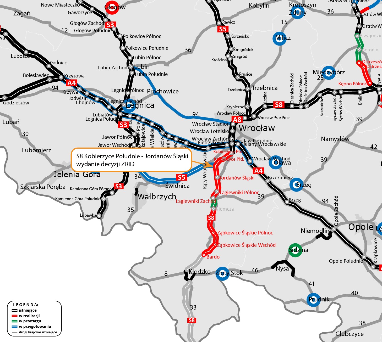 Droga ekspresowa S8 pomiędzy węzłami Kobierzyce Południe i Jordanów Śląski, mapa