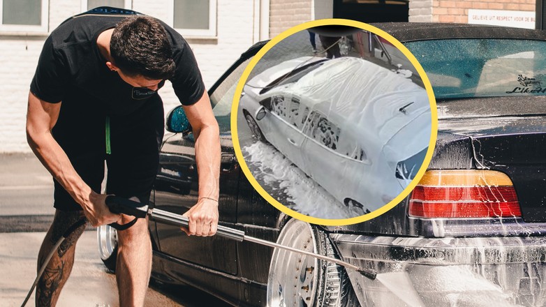 Umyli psa na myjni samochodowej (fot. facebook.com/@Myjnia bezdotykowa E.Orzeszkowej)