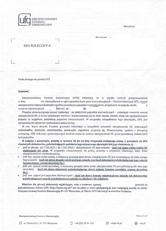 Tak wygląda wzór pisma, w którym UFG prosi o wyjaśnienie wątpliwości związanych z obowiązkowym ubezpieczeniem OC