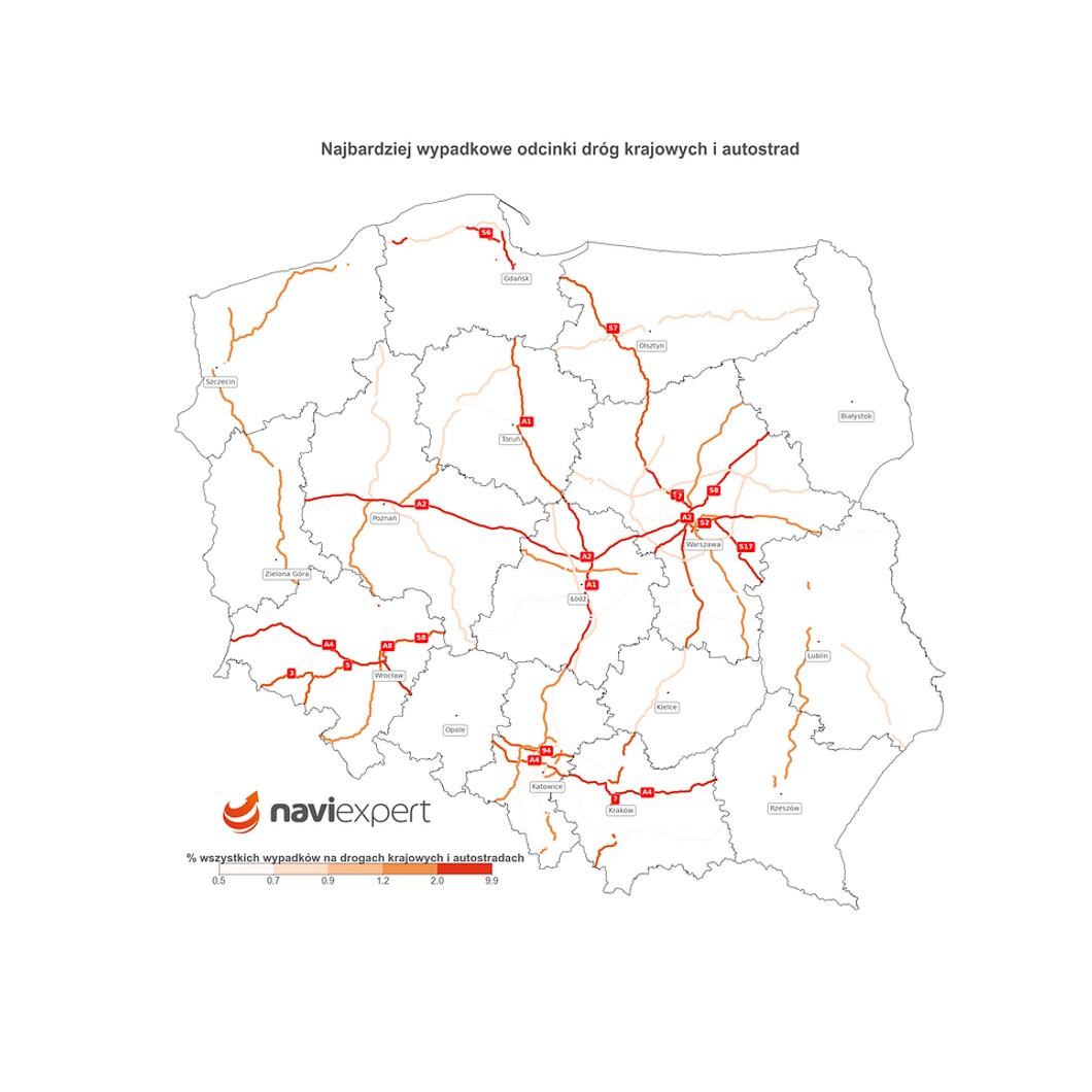 Najbardziej wypadkowe odcinki dróg krajowych i autostrad w majówkę 2023