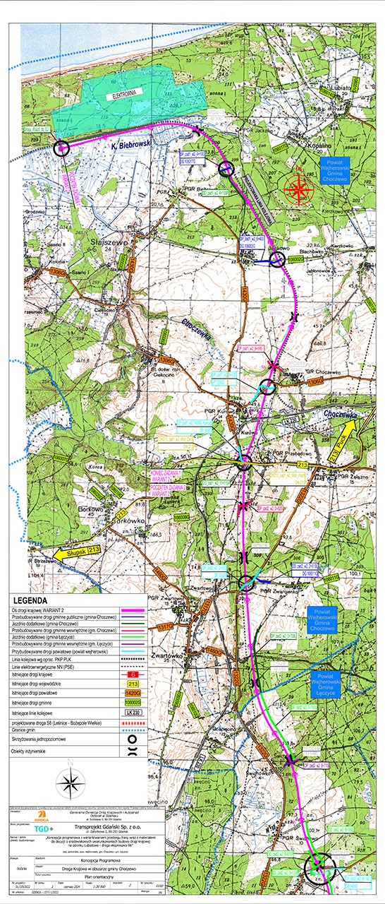 Plan orientacyjny drogi krajowej do elektrowni na odcinku Lubiatowo - DW213