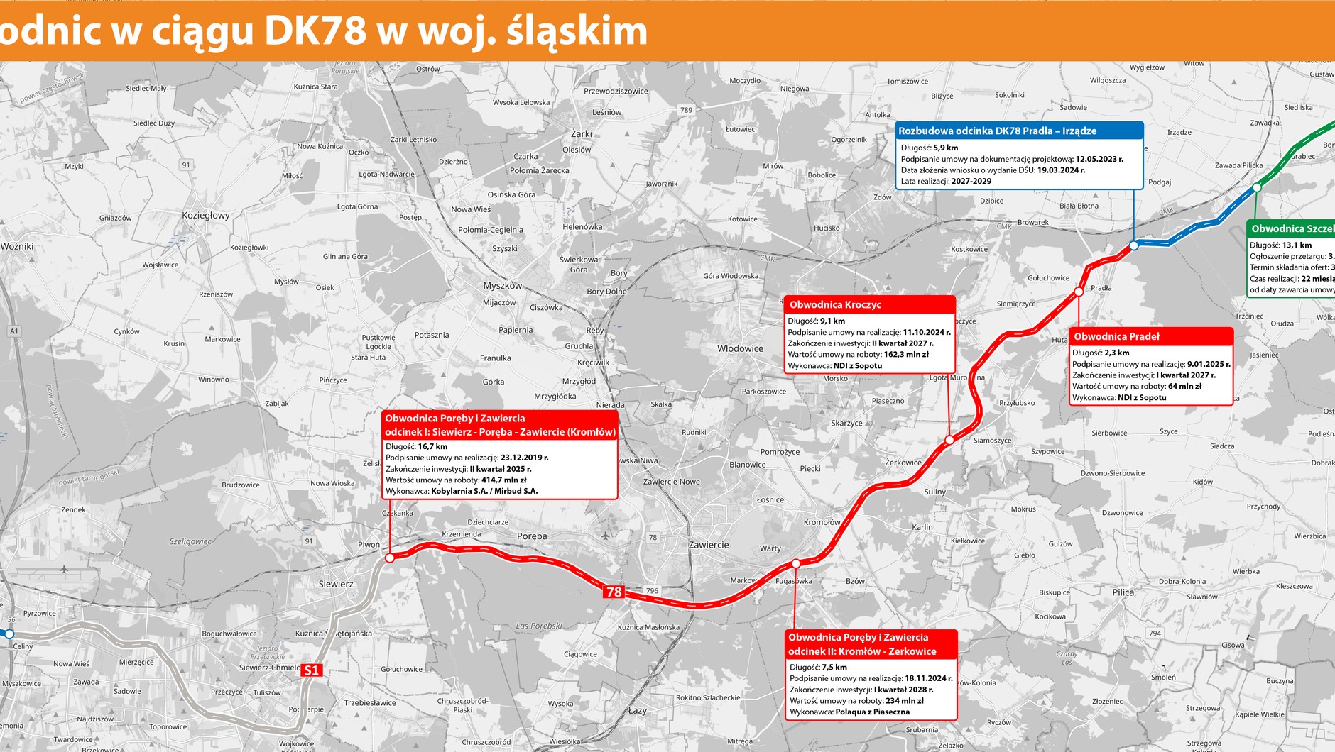Mapa budowy obwodnic w ciągu DK78 w województwie śląskim