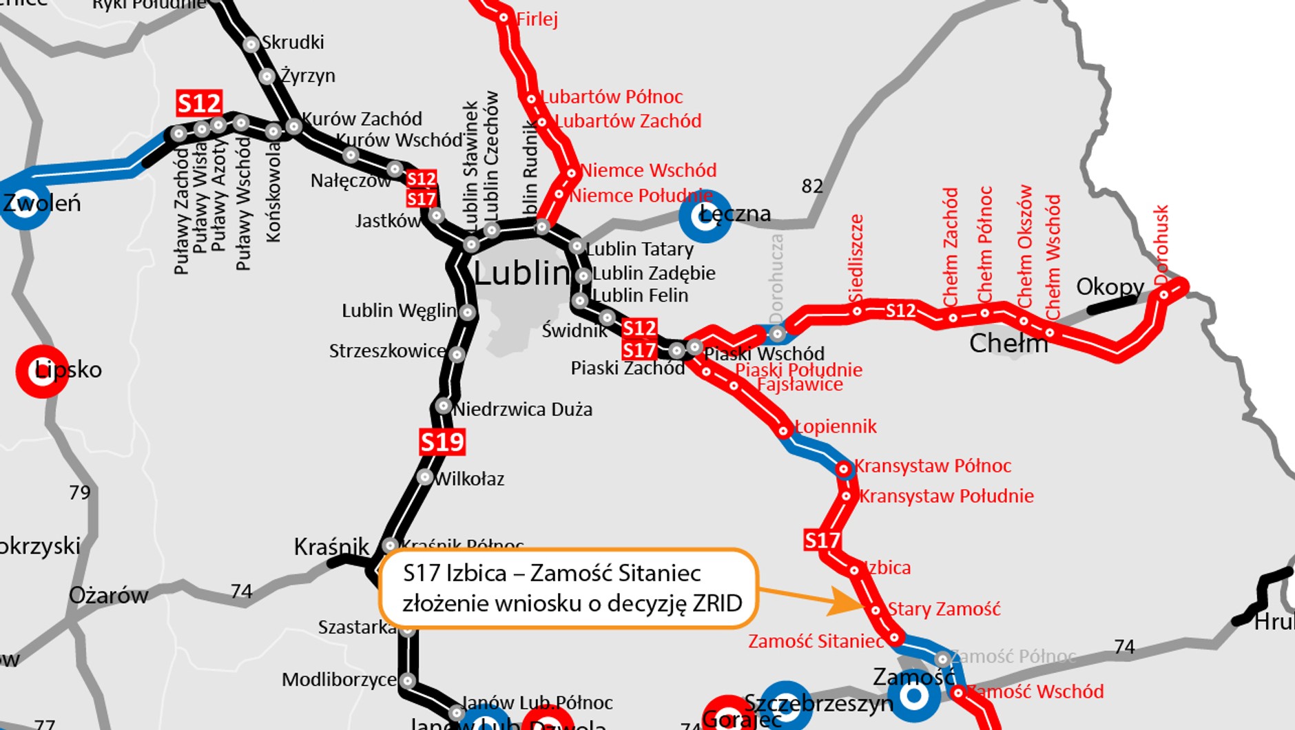 Mapa poglądowa - droga S17 Izbica – Zamość Sitaniec