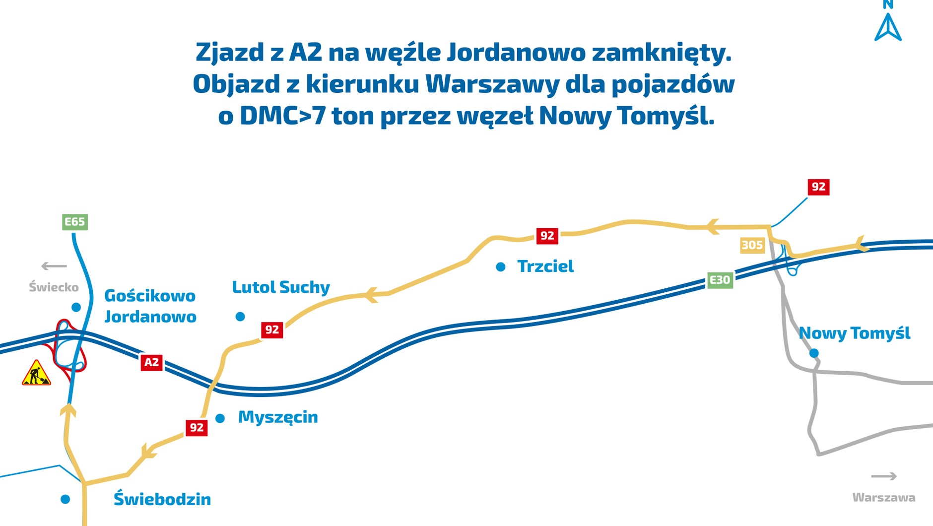 Objazd z kierunku Warszawy dla pojazdów o DMC pow. 7 t