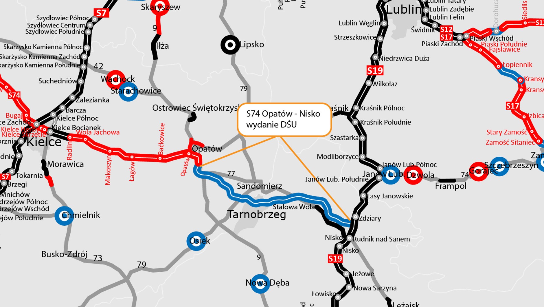 Droga S74 Opatów – Nisko na mapie