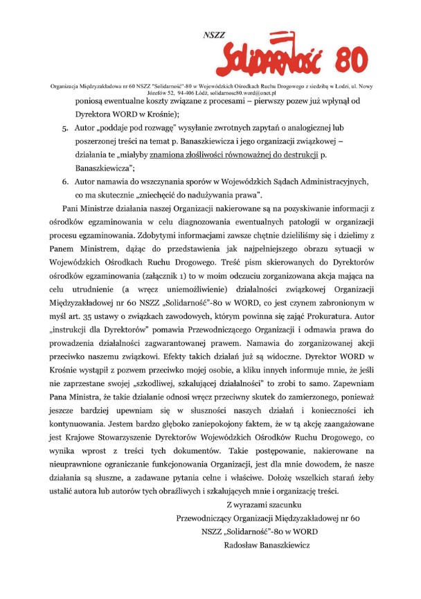Oficjalny list NSZZ Solidarność'80 ws. strajku WORD