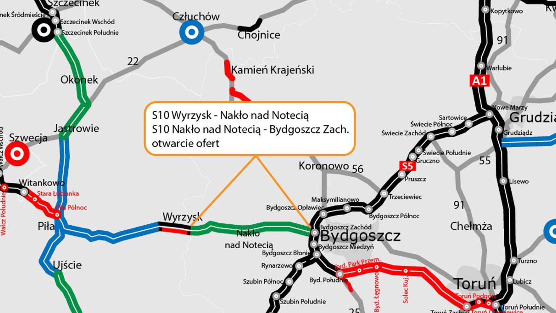 Droga S10 koło Bydgoszczy - mapa