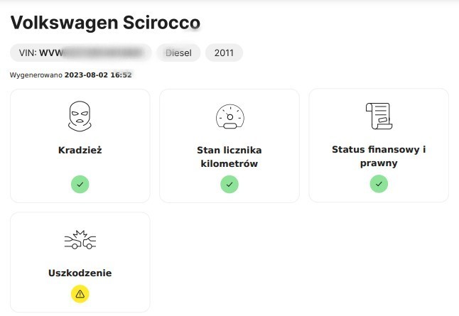 Przykładowa strona z raportu historii pojazdu
