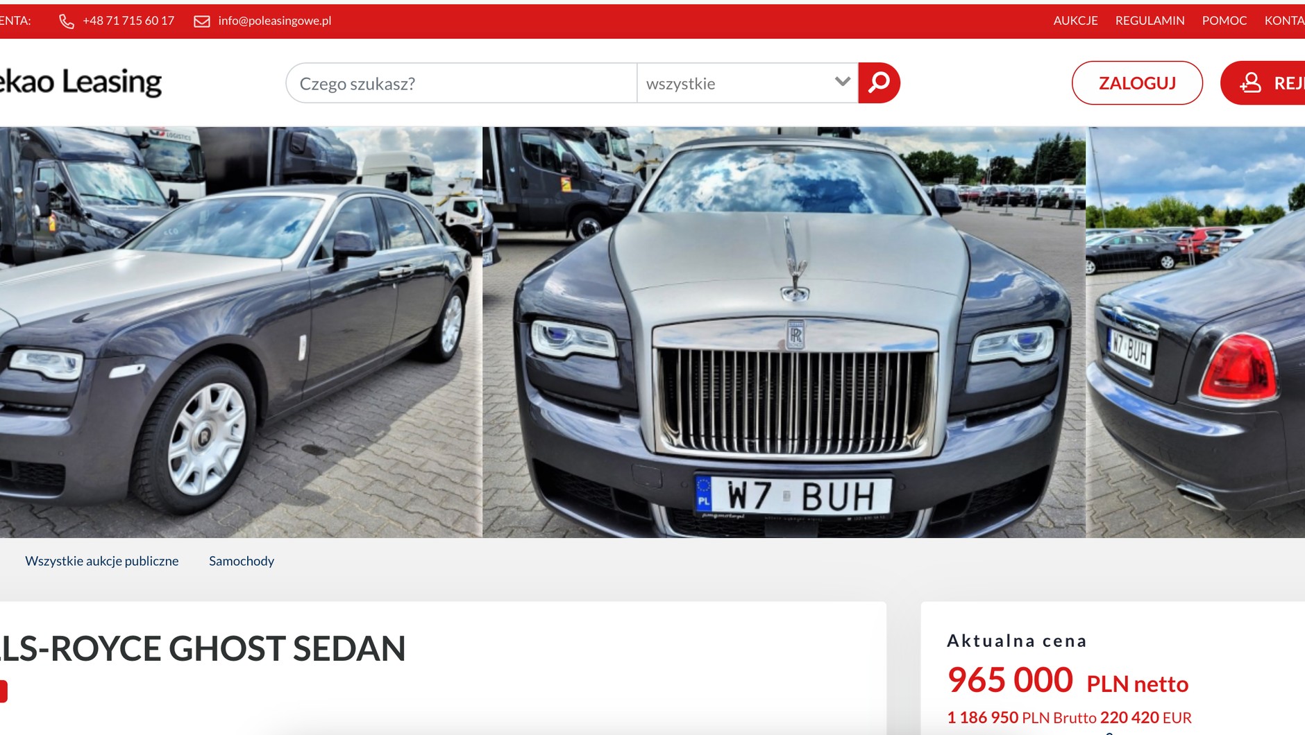 Rolls-Royce Ghost na sprzedaż — screen z ogłoszenia na poleasingowe.pl