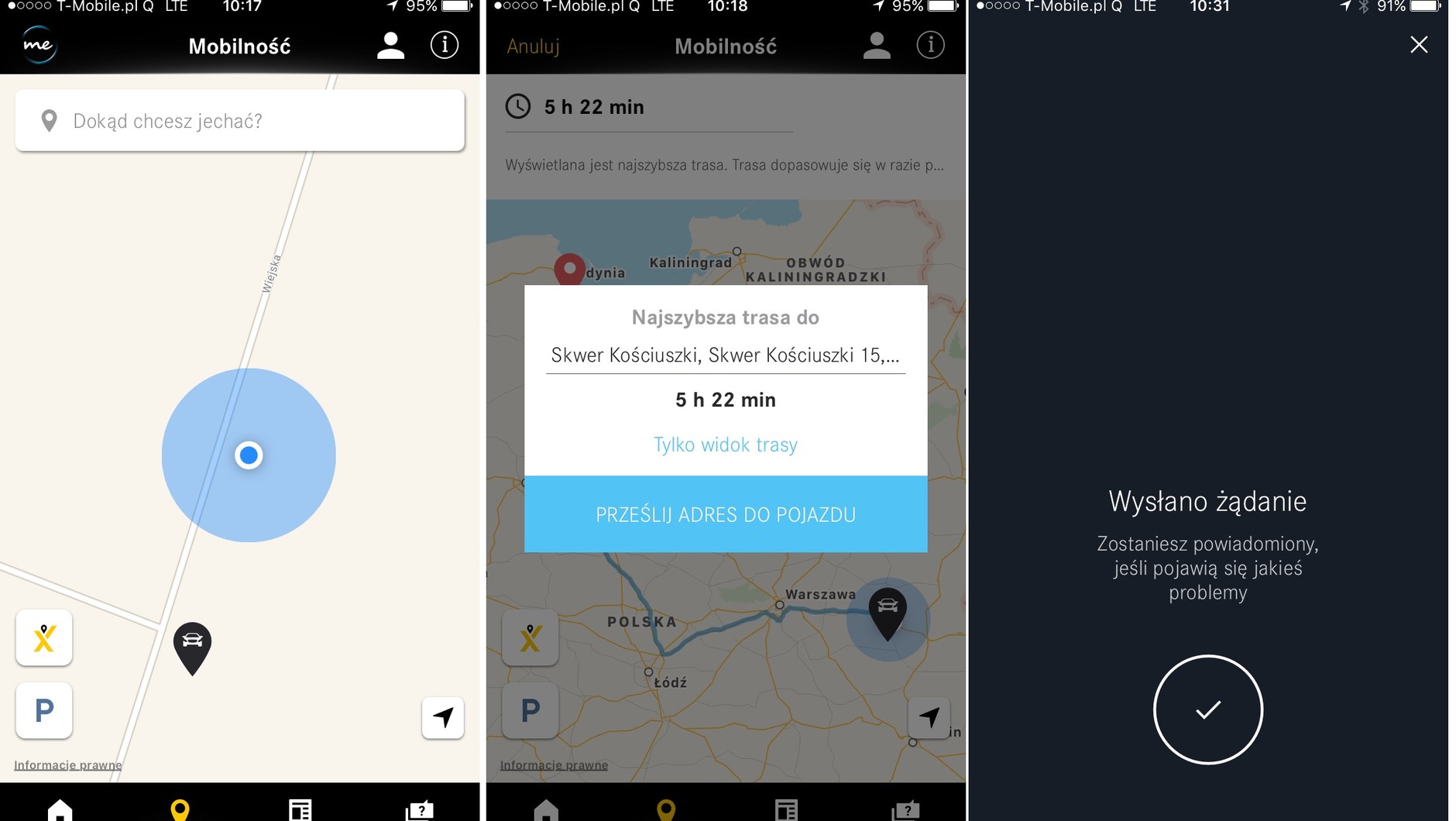 MercedesMe przesyłanie celu z aplikacji w smartfonie do nawigacji w samochodzie
