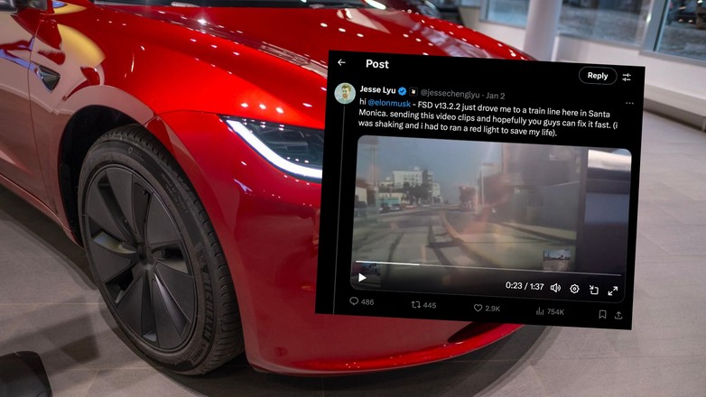 Tesla zamiast na jezdnię, wjechała na tory