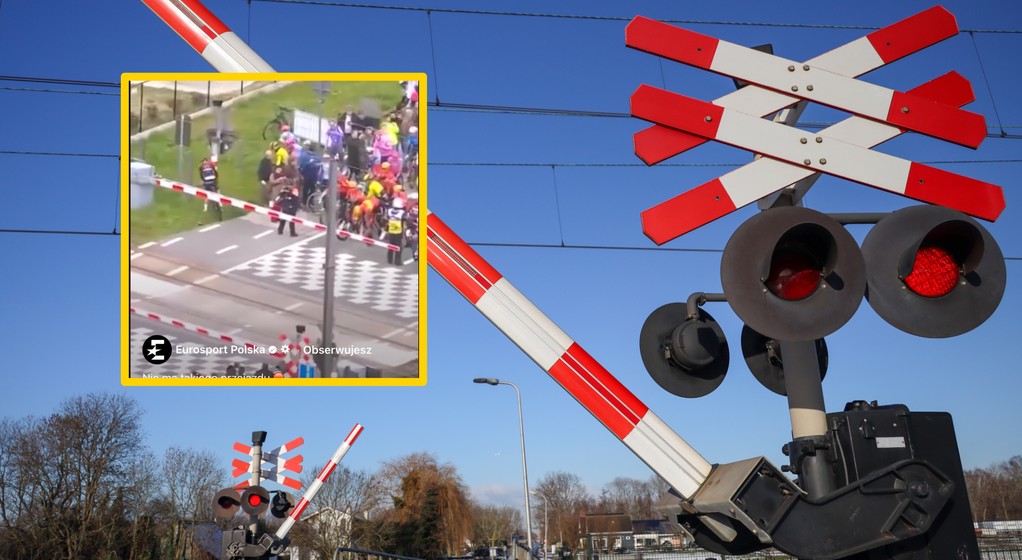 Kolarze przejechali przez zamykający się rpzejazd kolejowy