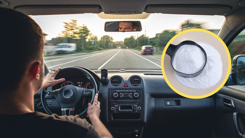 Soda oczyszczona (w kółku) może być dobrym sposobem na nieprzyjemny zapach w samochodzie. Zdjęcie ilustracyjne