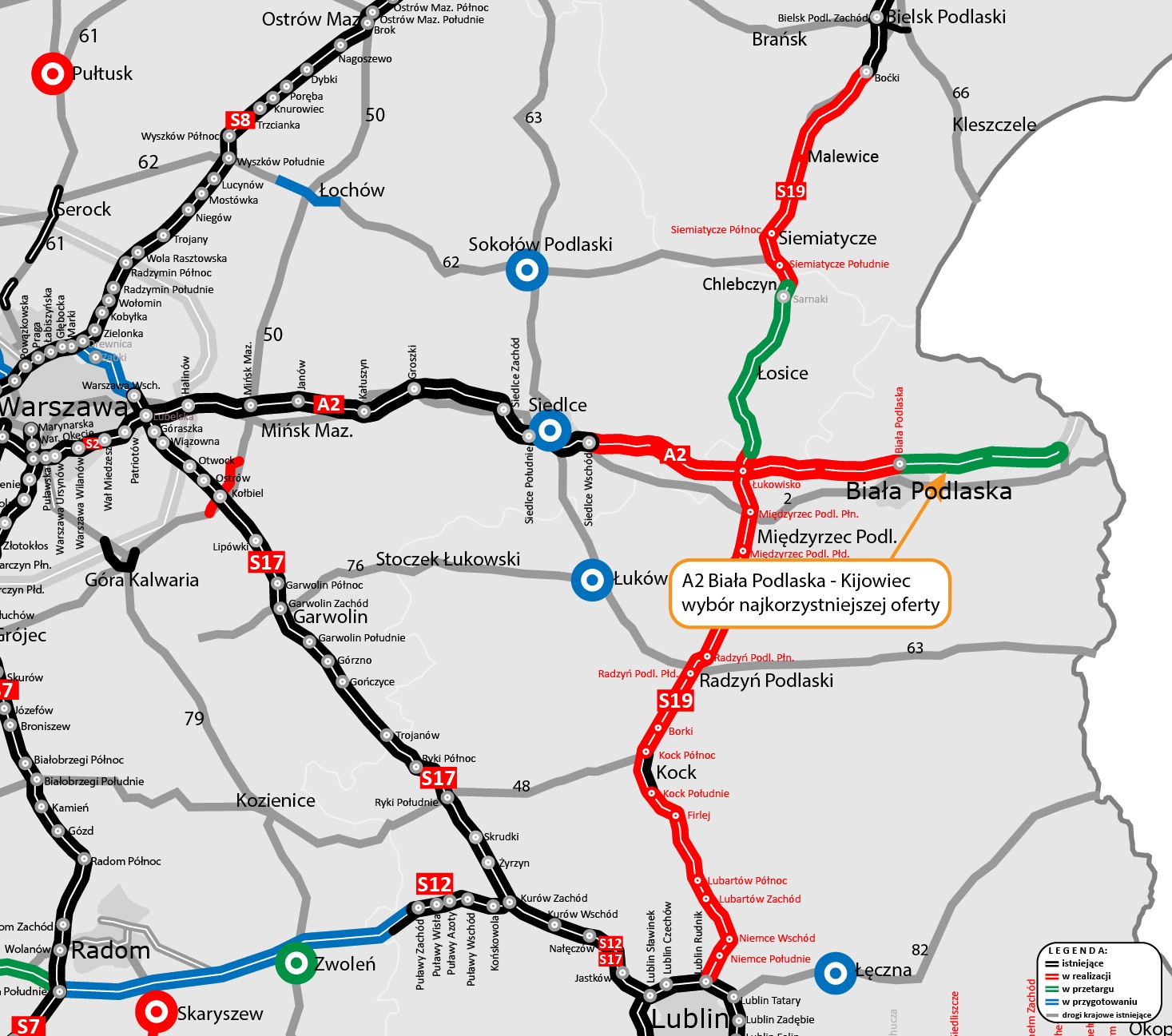 Autostrada A2 - mapa. Odcinek Biała Podlaska - Kijowiec