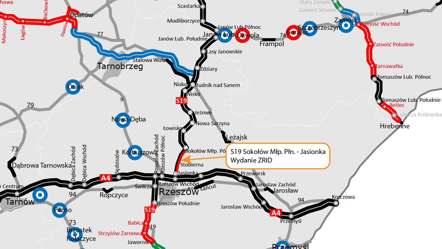 Mapa S19 Sokołów Małopolski Północ — Jasionka