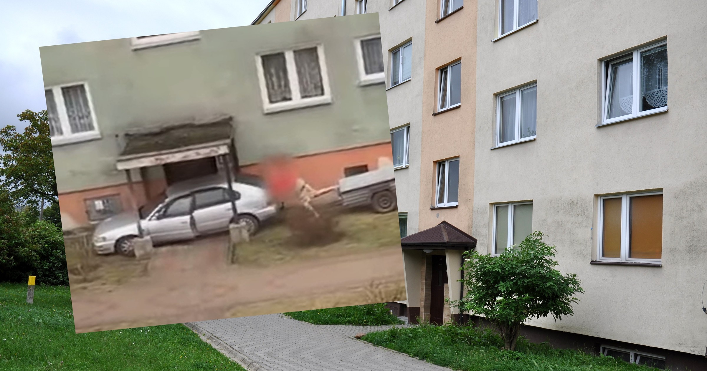 Samochód "zaparkował" pod klatką w bloku w Iławie (screen: Info Iława/Youtube.com)