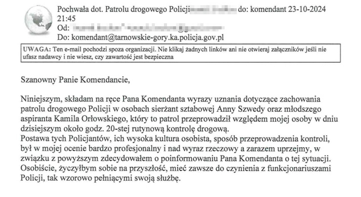 Pan Marek został zatrzymany do rutynowej kontroli. Policjanci dostali podziękowania
