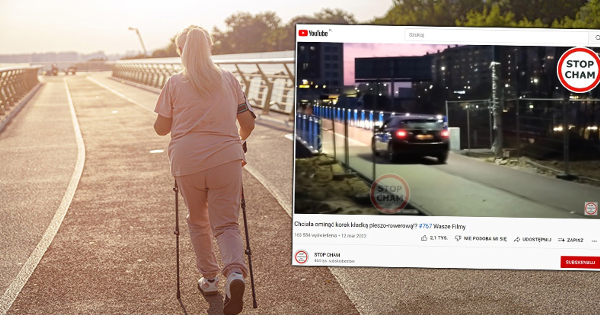 Kobieta omijała korek po kładce pieszo-rowerowej w Tychach
