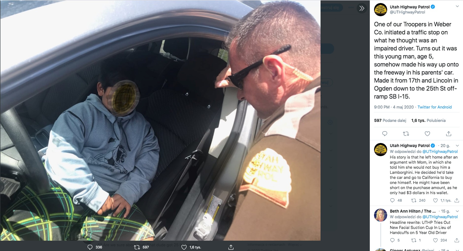 Utah Highway Patrol zatrzymuje 5-latka