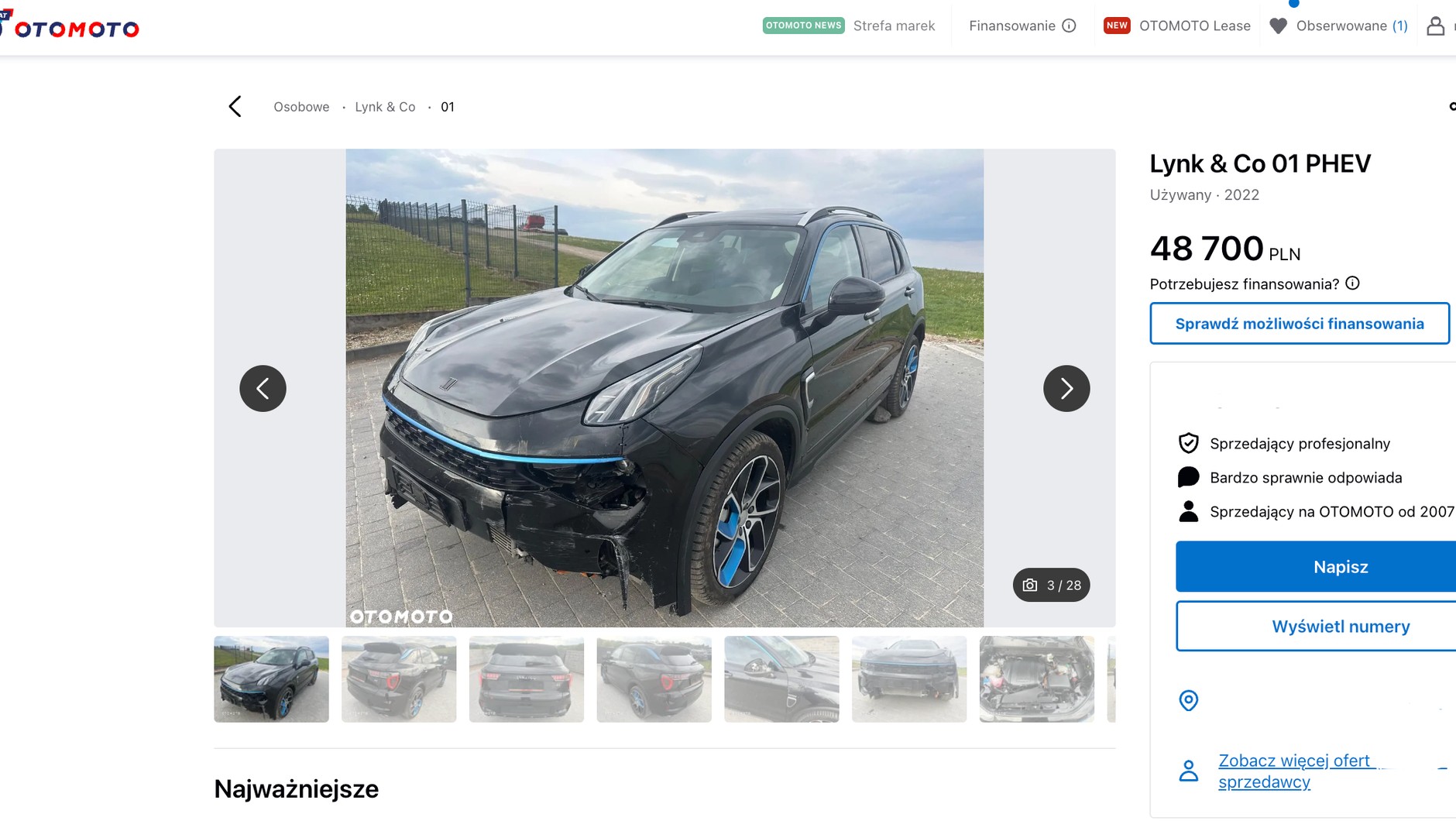 Uszkodzony Lynk & Co 01 PHEV na Otomoto.