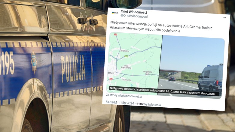 Policja zatrzymała czarną Teslę na autostradzie A4 (screen: OnetWiadomosci/X)