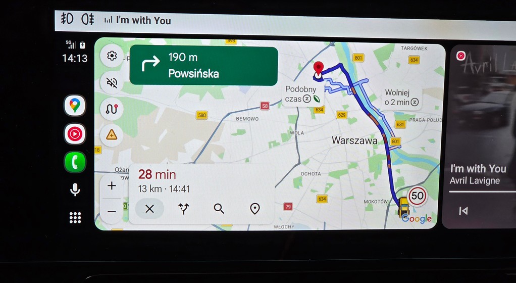 Google Maps w Android Auto, widok całej trasy