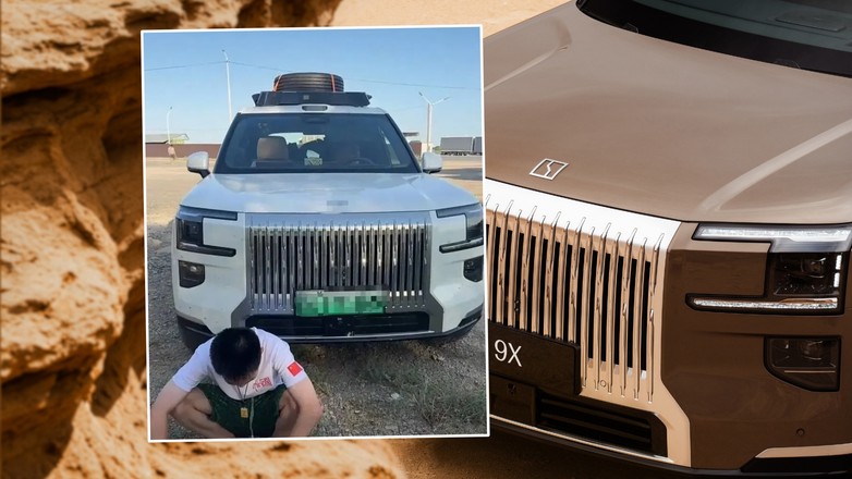 Załamany właściciel na tle swojego unieruchomionego chińskiego SUV-a