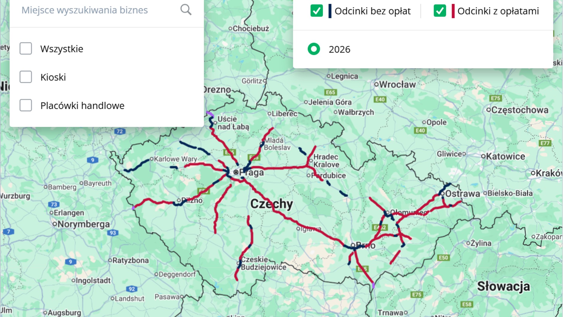 Mapa płatnych i bezpłatnych odcinków czeskich autostrad