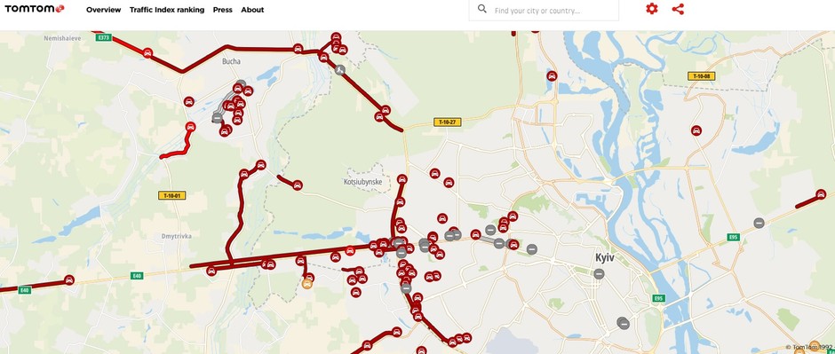 Kijów korki i wypadki w dniu rosyjskiej agresji
