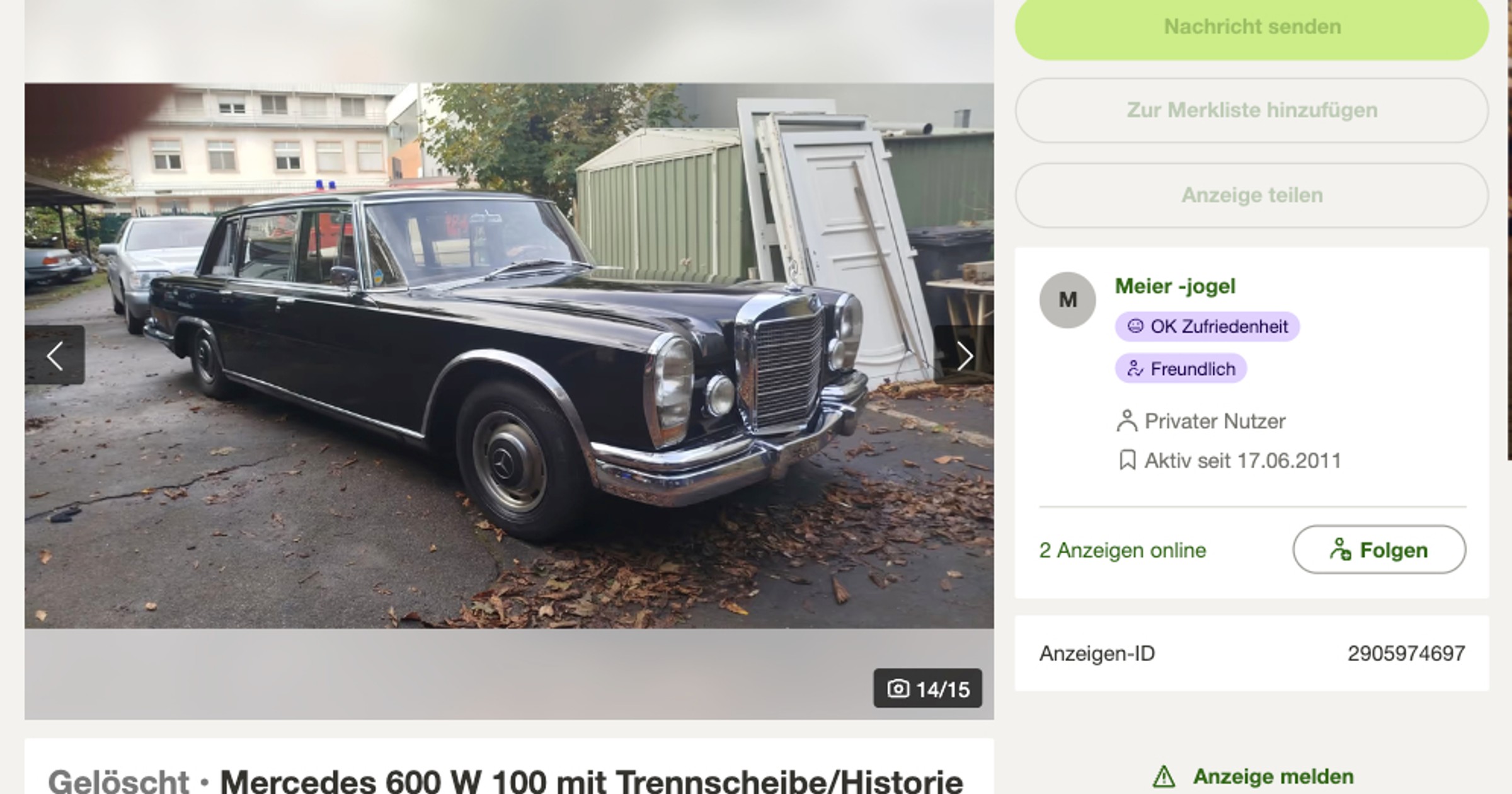 Ogłoszenie o sprzedaży Mercedesa 600 z silnikiem od mercedesa 200d