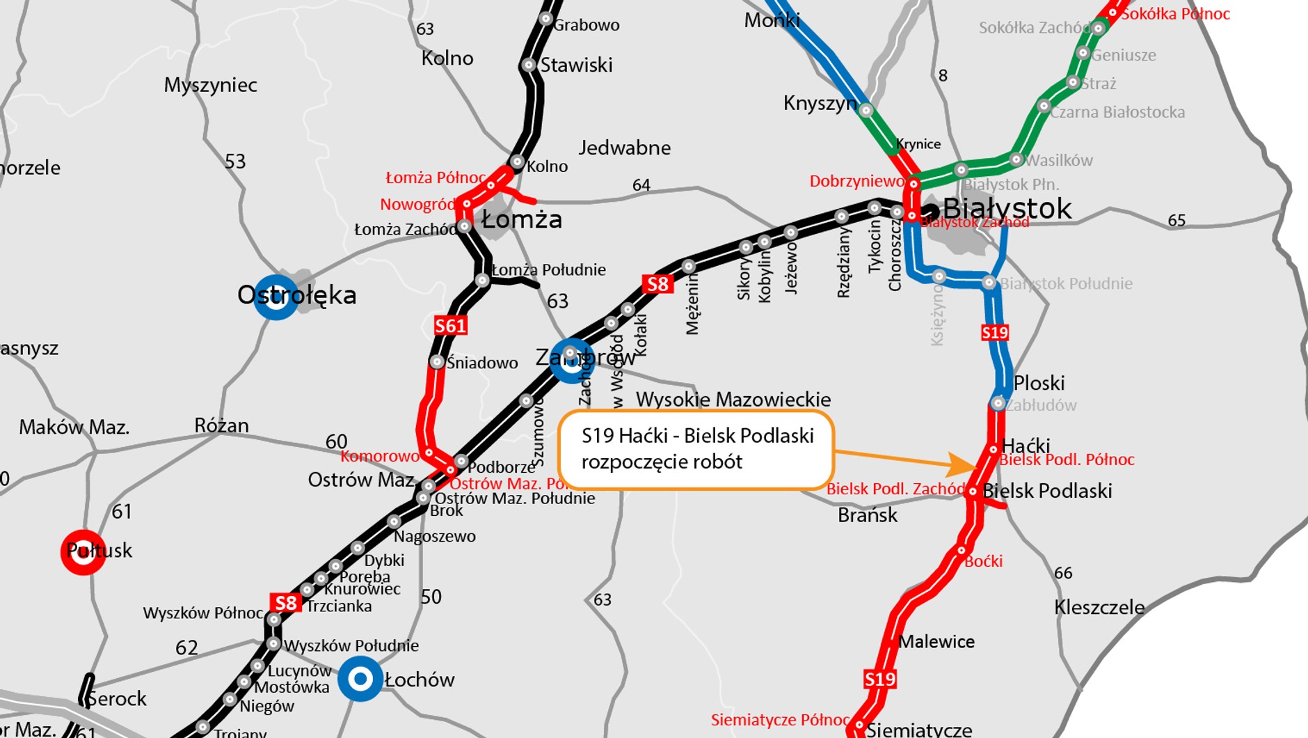Mapa przebiegu S19 w woj podlaskim