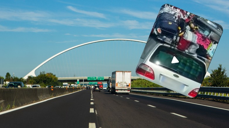 Przeładowany minivan na włoskiej Autostradzie Słońca