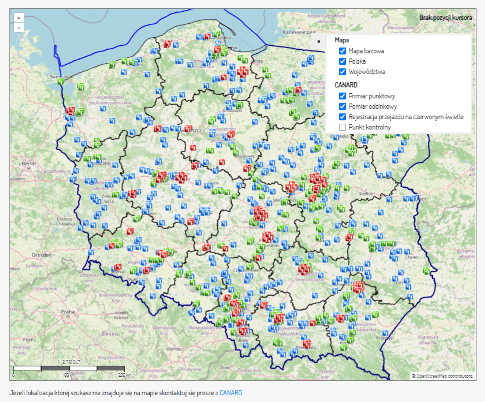 Mapa CANARD. Odcinkowe pomiary prędkości i fotoradary, wakacje 2026 r.