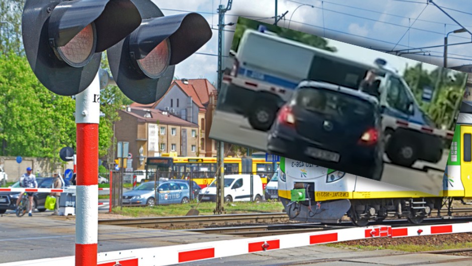 Radiowóz stanął za szlabanem, ale przed torowiskiem (Screen: YouTube/24opole.pl)