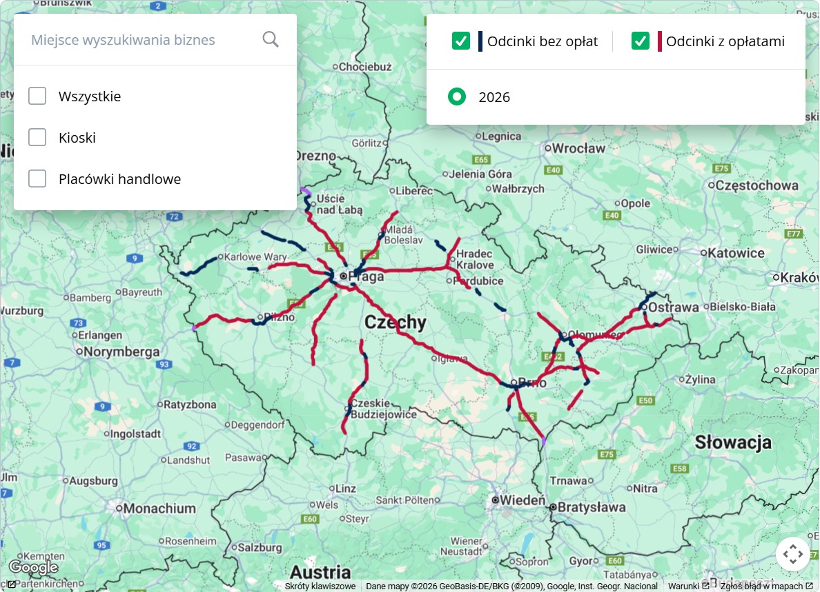 Mapa płatnych i bezpłatnych odcinków czeskich autostrad