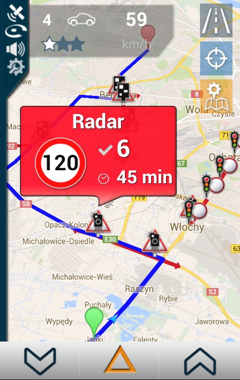 Podgląd mapy Google w iCoyote. Trasa na niebiesko to plan podróży.