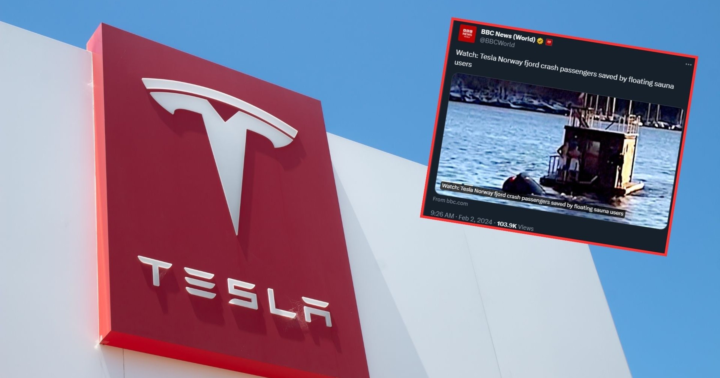 Samochód marki Tesla wpadł do fiordu w Norwegii (screen: twitter.com/BBCWorld)